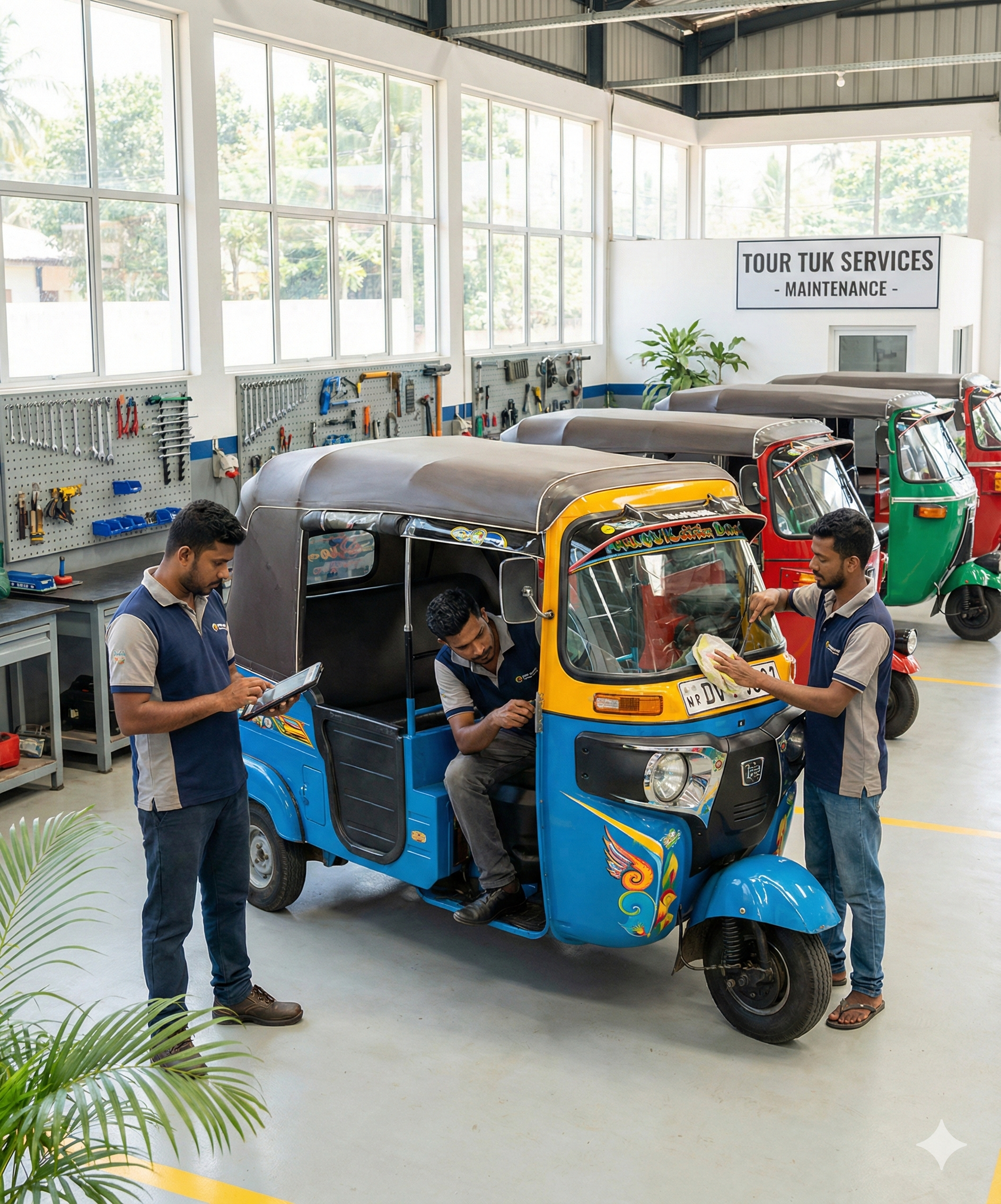 Tourist-friendly tuk tuk rental contact graphic showing easy communication channels - call, WhatsApp +94 768411481, or visit our office in Sri Lanka